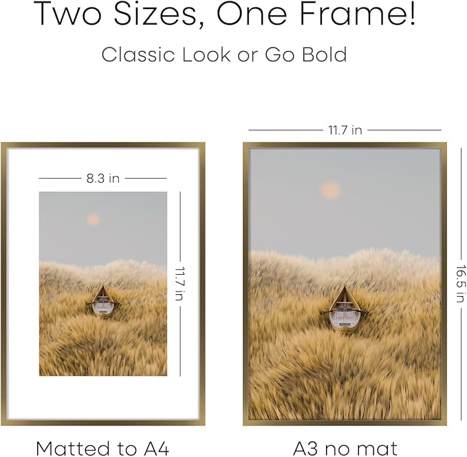 Homeforia A3 Picture Frame Bronze, High End Metal 11.7 x 16.5 inch Brass Poster Frames with Mat 8.3 by 11.7 Print, A3 Size Frames Matted to A4 Photo, 11.7by16.5 Hanging Frame, Tempered Glass, Set of 2