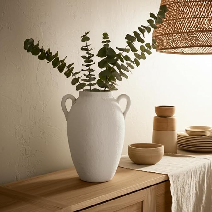 Sagebrook Home Stoneware Vase with Handles Ceramic Rustic for Flowers - Home Decor for Living Room, Bedroom, Office - Textured Pottery Accent for Floral Arrangements - 13" White
