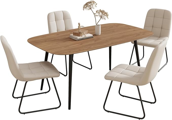 55.1'' Dining Table Set for 4,Modern Wood Dining Table,Leather Dining Chairs 4,Table and Chairs Set of 4,Ideal for Kitchen Dining Room (Walnut Color Table + 4 U-Shaped White Chairs, 55.1")