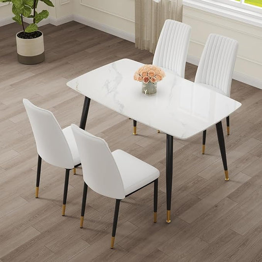 50" White Modern Sintered Stone Dining Table Set for 4 Faux Marble Dining Table with 4 Upholstered PU Leather Chair Dining Room Table Set of 4(1White Table+4 Cream White Chairs)