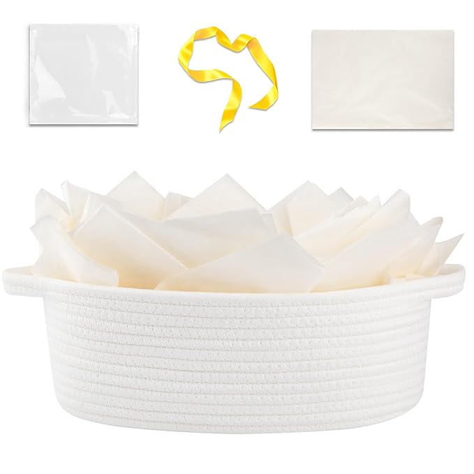 OIAHOMY Gift Basket Empty with Handle, 12"x 8"x 5" Small Woven Basket with Gift Bag, Ribbon and Wrap Tissue Paper, Dog Toy Storage for Organizing - White