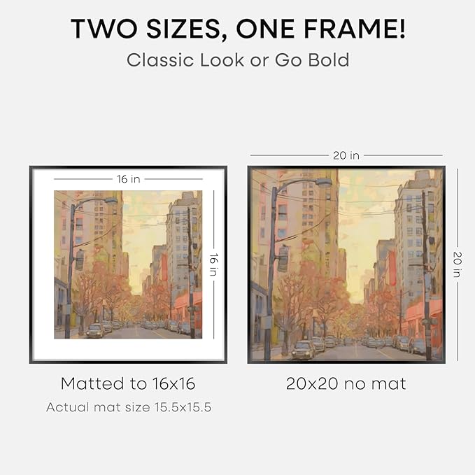 Homeforia 20x20 Picture Frame Black, High End Metal 20x20 Square Poster Frame Matted to 16x16 Print, 20 x 20 Black Frames with Mat 16 x 16 Photo, 20by20 Thin Frames, Tempered Glass, Wall Kit, Set of 3