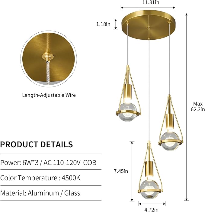 Gold Dandelion Pendant Light in Brushed Brass Finish, 3-Light Modern Crystal Kitchen Island Pendant Lighting Dimmable LED Hanging Ceiling Light Fixture for Bathroom Bedroom