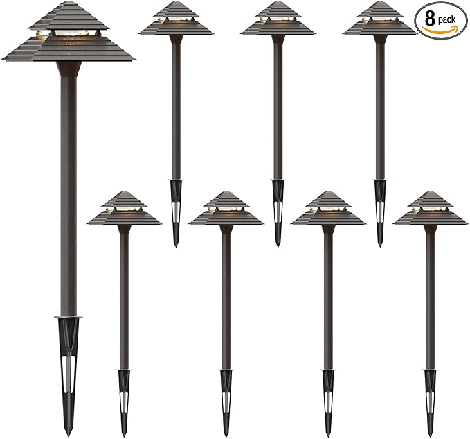 GOODSMANN Landscape Lighting 8PK Low Voltage Outdoor Path Lights 2-Tier Pagoda Landscape Path Lights Pathway Lights Wired 3W LED 180 Lumen 3000K Warm White Driveway Bronze Electric Pathway Light