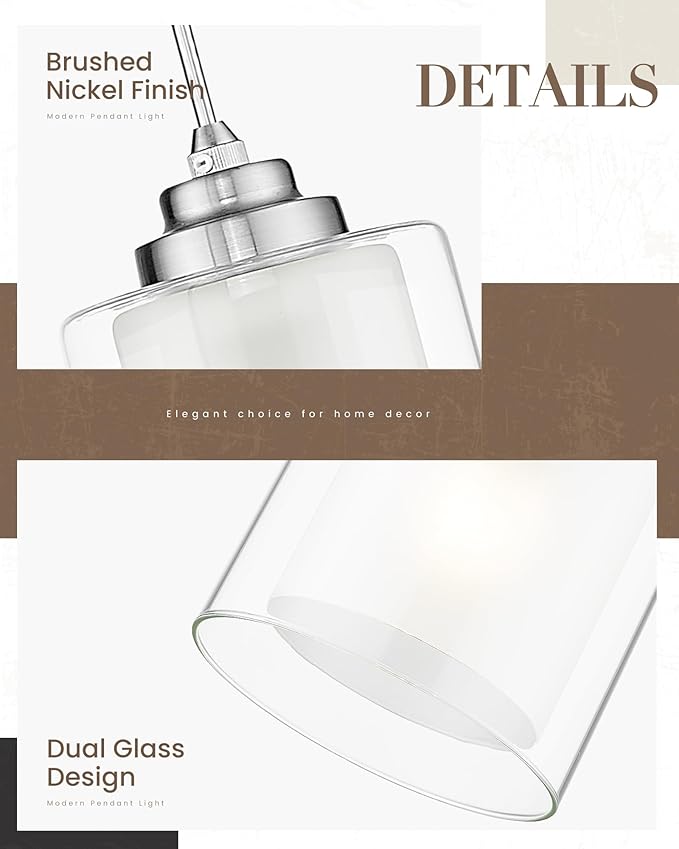 TENGXIN 3 Light Pendant Lights, Kitchen Island, Bedroom Modern Farmhouse Pendant with Dual Glass Shade, Brushed Nickel