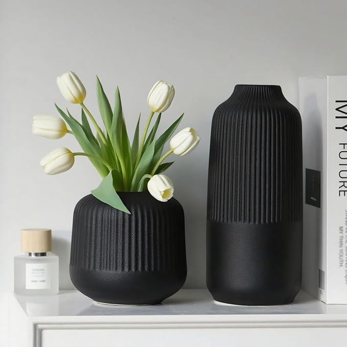 Black Ceramic Vase Set of 2, Flower Vases Home Decor, Boho Vase for Pampas Grass, Black Vases for Centerpieces Table Entryway Shelf