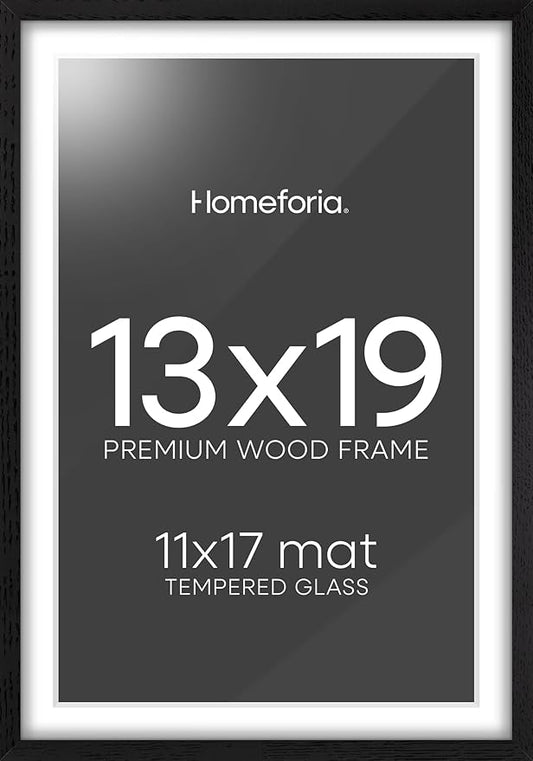 Homeforia 13x19 Picture Frame Black Wood, High End Oak 13x19 Frames with Mat 11x17 Photo, 13 x 19 Wooden Poster Frame Matted to 11 by 17 Print, 19x13 Hanging Frames, Tempered Glass, Wall Kit, Set of 1