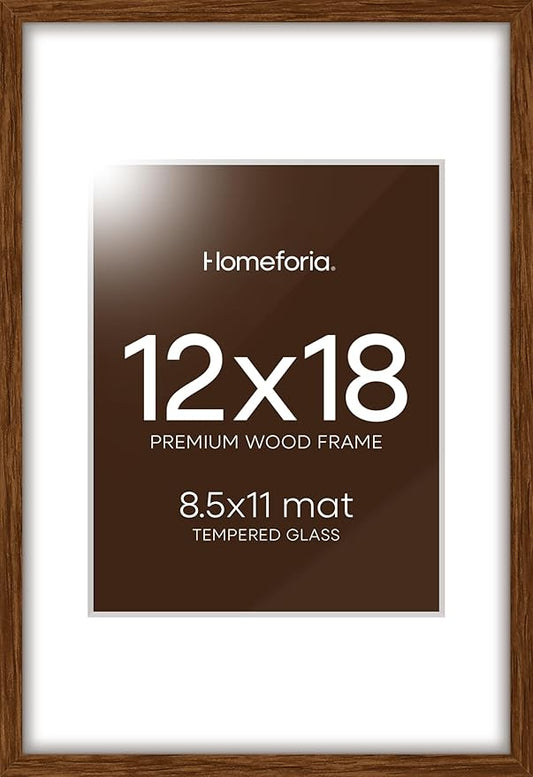 Homeforia 12 x 18 Walnut Wood Frame, High End Dark Oak 12x18 Brown Picture Frame with Mat 8.5x11 Photo, 12 x 18 Wooden Poster Frame Matted to 8.5 x 11, 18x12 Frames, Tempered Glass, Wall Kit, Set of 1