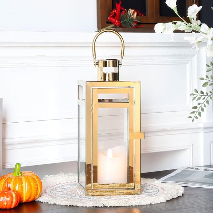 TRIROCKS Stainless Steel Decorative Lantern 12'' High Metal Candle Holder Outdoor Candle Lantern with Tempered Panels for Christmas Home Decor Living Room Parties Events Tabletop Indoor Outdoor (Gold)