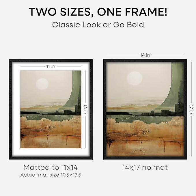 Homeforia 14x17 Picture Frame Black Wood, High End Oak 14x17 Frames with Mat 11x14 Photo, 14 x 17 Wooden Poster Frame Matted to 11 by 14 Print, 17x14 Hanging Frames, Tempered Glass, Wall Kit, Set of 1