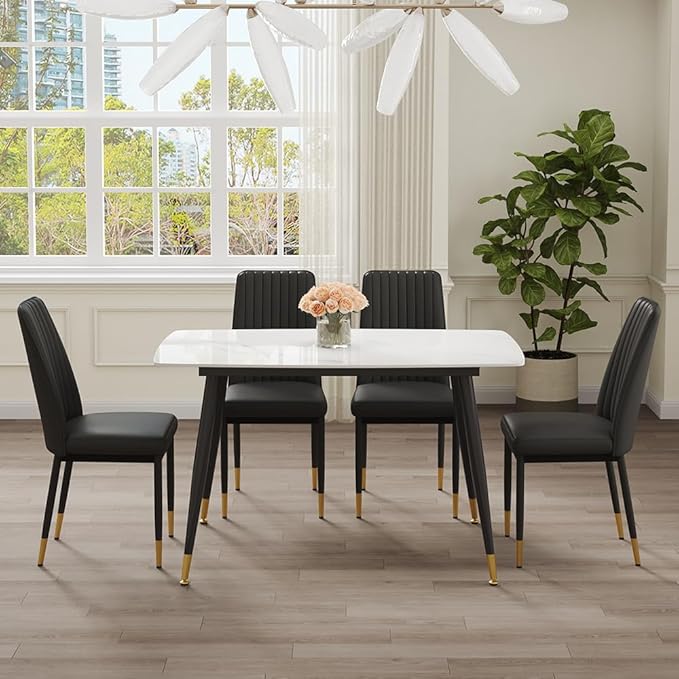 50" White Marble Dining Table Set for 4 - Sintered Stone Tabletop & 4 Upholstered PU Leather Chairs - Modern Dining Room Set for Small Spaces (1 White Table + 4 Black Chairs)