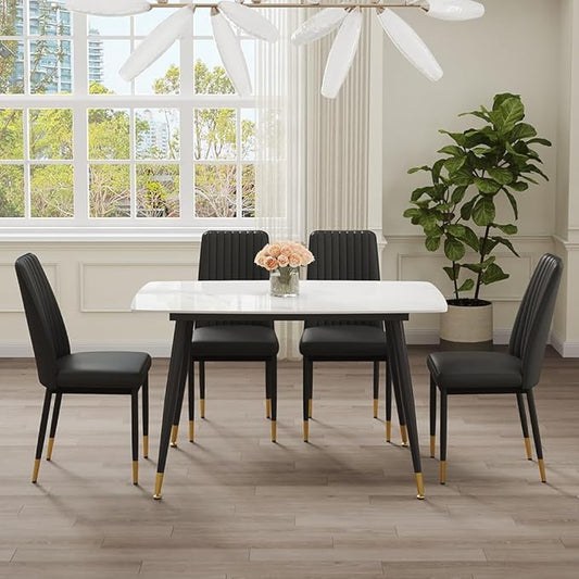 50" White Marble Dining Table Set for 4 - Sintered Stone Tabletop & 4 Upholstered PU Leather Chairs - Modern Dining Room Set for Small Spaces (1 White Table + 4 Black Chairs)