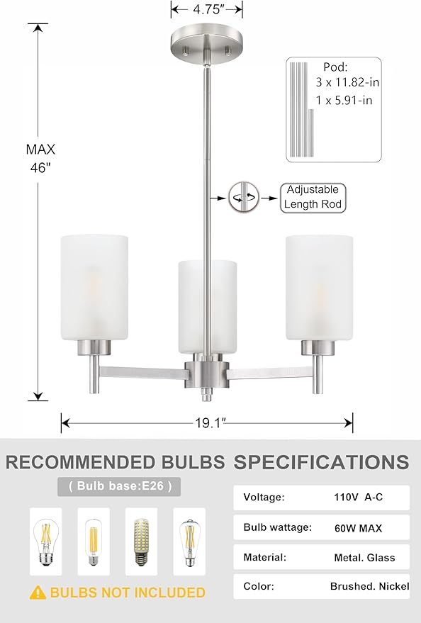 Doraimi Lighting 3 Light Chandelier Frosted Glass Shade Classic Style Ceiling Pendant Light Fixture Brushed Nickel Finish for Meeting Room Dining Room Over Table Living Room