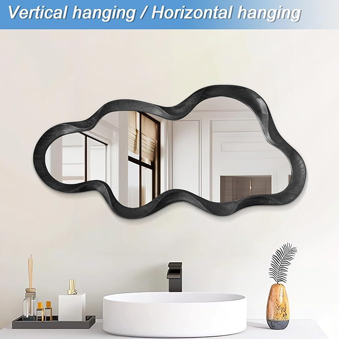 Irregular Wooden Framed Wall Mirror Modern Asymmetrical Unique Hanging Mirror Artistic Unique Cloud Shape Wall Decor Bathroom Vanity Bedroom Living Room Entryway Hallway Large