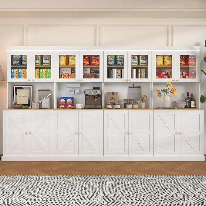 Vyre 71" Farmhouse Kitchen Pantry Cabinet Set of 4, White Freestanding Coffee Bar Hutch with Glass Doors & Adjustable Shelves, Large Storage Cabinet with Microwave Stand for Living Room & Kitchen