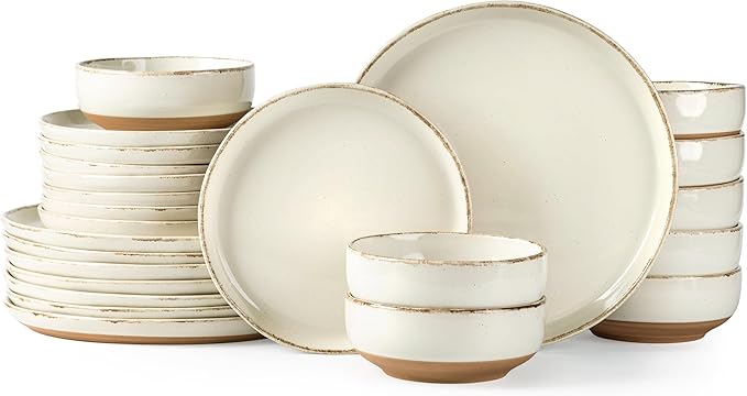 AmorArc 24 Pieces Ceramic Dinnerware Sets for 8, Handpainted Stoneware Plates and Bowls Set with Rustic Terracotta Underside, Scratch Resistant Dishes Set, Dishwasher & Microwave Safe
