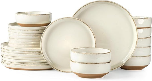 AmorArc 24 Pieces Ceramic Dinnerware Sets for 8, Handpainted Stoneware Plates and Bowls Set with Rustic Terracotta Underside, Scratch Resistant Dishes Set, Dishwasher & Microwave Safe