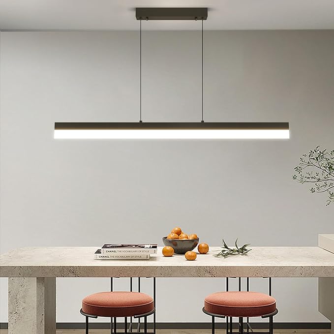 LED Linear Pendant Light, Dimmed Chandeliers for Dining Room with Remote Control, Modern Pool Table Island Lights Adjustable Ceiling Pendant Light for Kitchen, Living Room, Office, Black,31in