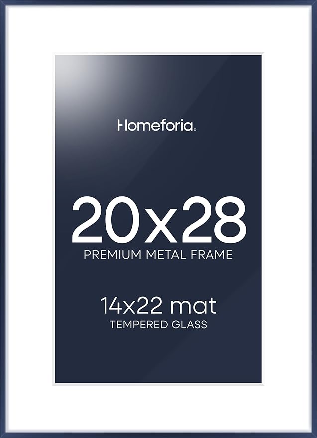 Homeforia 20x28 Frame Navy Blue, High End Metal 20x28 Poster Frames with Mat 14x22 inch Photo, 20 x 28 Navy Blue Picture Frame Matted to 14 by 22 Print, 28x20 Frame, Tempered Glass, Wall Kit, Set of 1