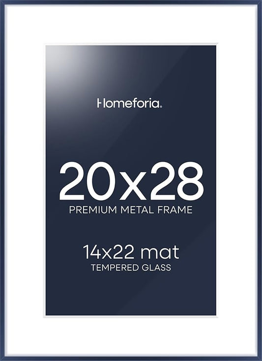 Homeforia 20x28 Frame Navy Blue, High End Metal 20x28 Poster Frames with Mat 14x22 inch Photo, 20 x 28 Navy Blue Picture Frame Matted to 14 by 22 Print, 28x20 Frame, Tempered Glass, Wall Kit, Set of 1