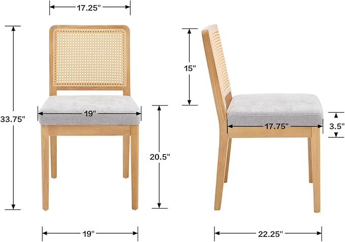 LukeAlon Farmhouse Rattan Dining Chairs Set of 2, Mid Century Modern Chenille Kitchen & Dining Chairs with Solid Wood Legs, Woven Cane Upholstered Kitchen Chairs Side Chairs for Dining Room, Grey