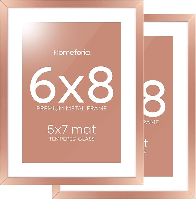 Homeforia Rose Gold 6x8 Picture Frame, High End Metal 6 x 8 Frames with Mat 5 x 7 for Print, 6by8 Desk Frame Matted to 5x7 inch Photo, 6 by 8 Wall or Tabletop Frame, Tempered Glass, Wall Kit, Set of 2