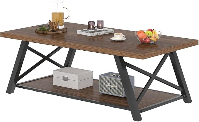 EXCEFUR Modern Coffee Table, Industrial Living Room Center Table with Storage Shelf, Rectangle Wood and Metal Cocktail Tea Table, Rustic Walnut, 47 Inch