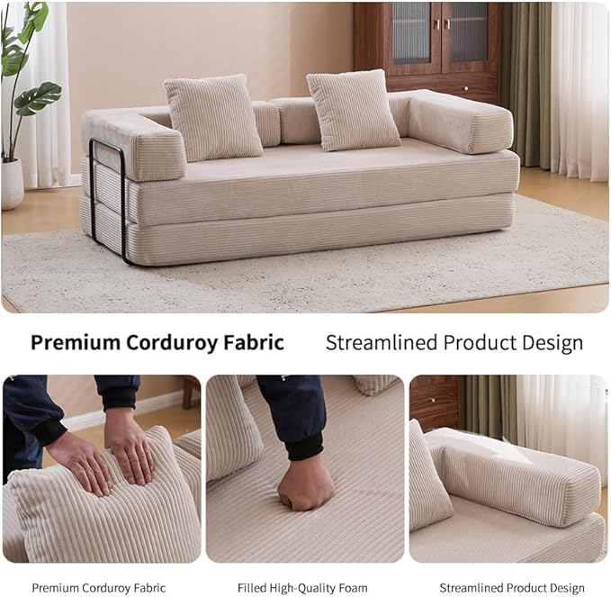 Convertible Folding Mattress Couch, Floor Sofa Bed with Fixed-Shape Frame, Corduroy Floor Sofa with Armrest, Floor Sofa Lounge Couch for Living Room Bedroom Lounge Studio-Clay Beige