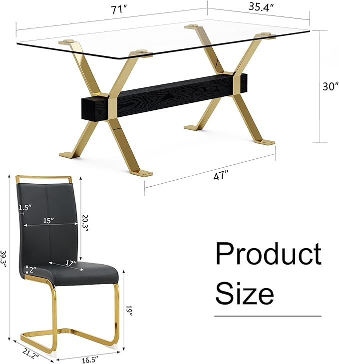7 Piece Glass Dining Table Set, Kitchen Table Chairs Set for 6, 71'' Dining Table with 0.4" Tempered Glass Tabletop with Plated Metal Legs and MDF Crossbar, 6 PU Chairs for Dining Room, Kitchen.