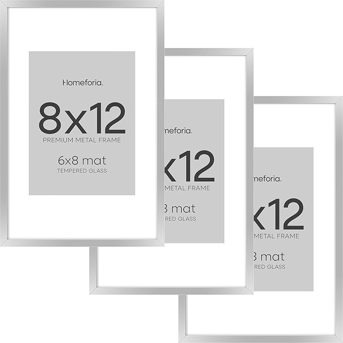 Homeforia Silver 8x12 Picture Frame, High End Metal 8 x 12 Poster Frames with Mat 6 by 8 for Photo, 12x8 Frame Matted to 6x8 inch Art, 8by12 Wall or Tabletop Frames, Tempered Glass, Wall Kit, Set of 3