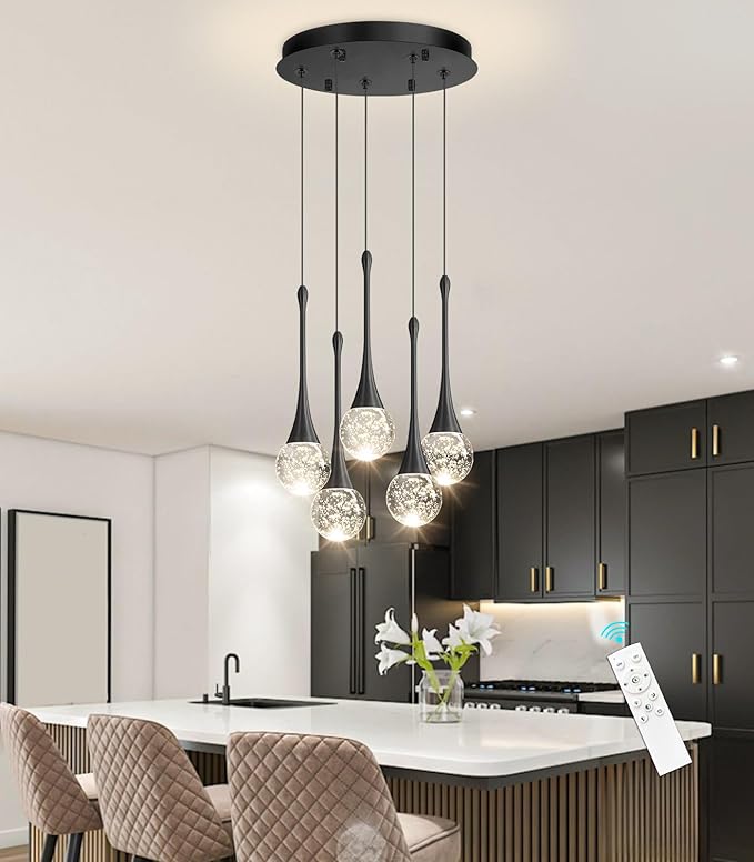 cenzoz 5-Lights Modern Pendant Lights for Kitchen Island LED Dimmable Chandelier Crystal Glam Ceiling Pendant Lighting for Dining Room Hallway Bedroom Lamp Black