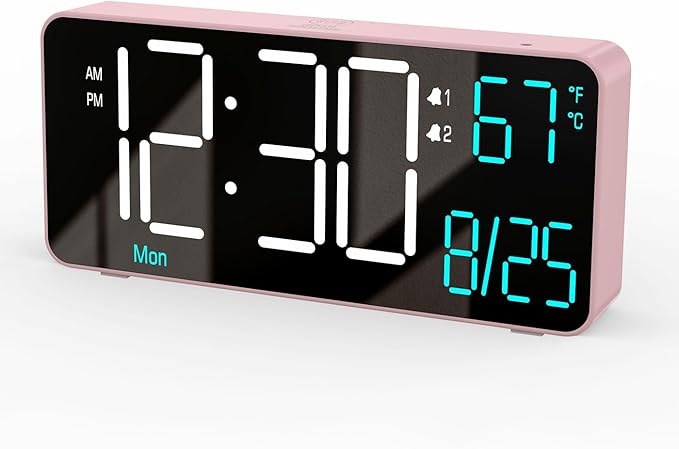 KOSUMOSU Alarm Clocks for Bedrooms, 6.7in Small Digital Clock, Auto Dimming, Room Temperature, Day of The Week, Date, Seconds, Digital Clocks for Living Room, Alarm Clock