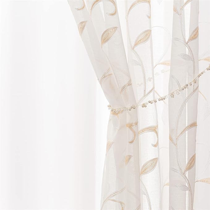 VISIONTEX White Sheer Voile Curtains, Decorative Beige Leaves Embroidery Faux Linen Rod Pocket Window Drapes for Home Kitchen, Living Room and Bedroom 54 x 72 Inch, Set of 2 Curtain Panels