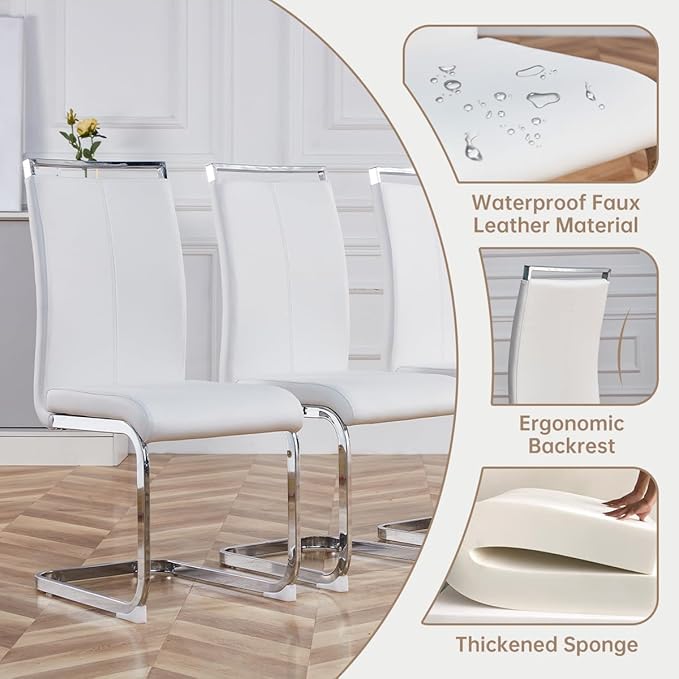 Glass Dining Room Table Set for 4,Dining Table Set for 4 with PU Leather Chairs,Retangular Dining Table with MDF Table Legs and Sliver Base for Dining Room