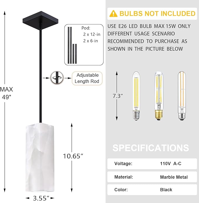 Natural Alabaster Square Marble Hanging Kitchen Island Modern Industrial Farmhouse Pendant Ceiling Light Fixture,2 Pack Black Finish Over Sink Restaurant bar Corridor