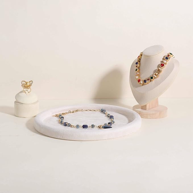GemeShou Round Jewelry Organizer plate, Top Microfiber velvet Jewerly display tray, Empty Jewelry showcase tray for Necklace Bracelet Ring Earring display stand holder (Cream-Large, 9.8 x 9.8 in)