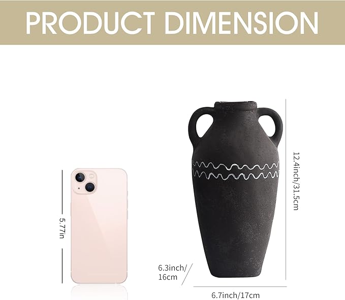 Large Black Ceramic Vase, 12.4" H Farmhouse Rustic Decorative Vase Table Centerpiece, Pottery Terracotta Tall Vases Living Room Bathroom Weddings Decorations