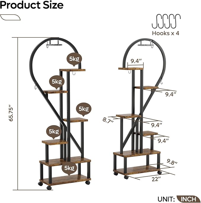 Bestier Plant Stand Indoor with Grow Lights, 6 Tiered Metal Plant Shelf for Indoor Plants Multiple, Half Heart Shape Plant Rack with Wheels, Large Plant Holder for Home Patio Balcony (2 Pcs, Oak)