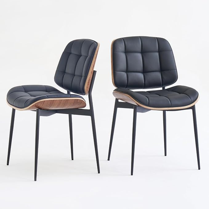 Mid Century Modern Dining Chairs with Walnut Grain Back, Black Faux Leather Dining Room Chairs Set of 2, Checkered Soft Cushion Kitchen Chairs with Adjustable Foot Pads