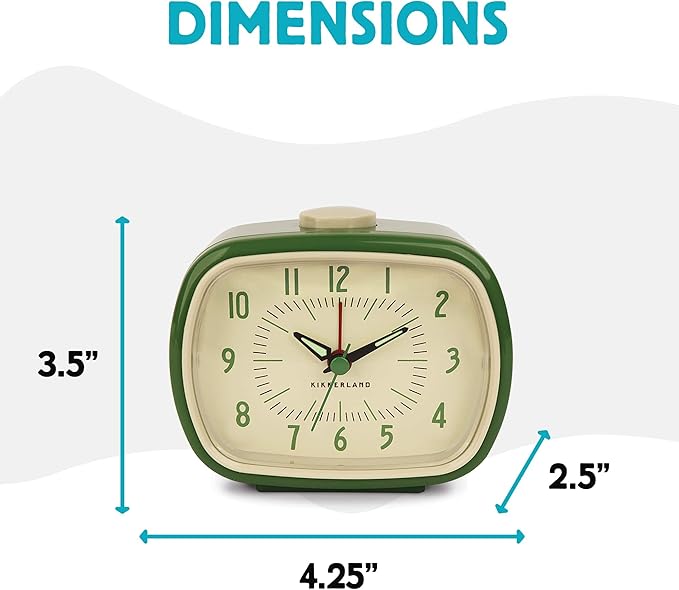 Kikkerland Retro Alarm Clock – Vintage Decor for Bedroom, Nightstand, Living Room, or Office – Battery Operated, Glow in The Dark, Decorative Analog Clock, Green