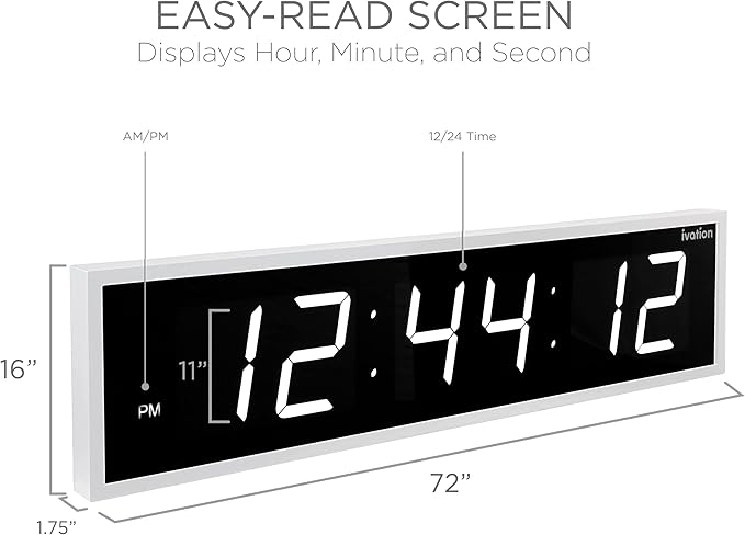 Ivation Huge Oversized 72" Large Digital LED Clock | Big Digital Clock w/Multi-Function Display – Stopwatch, Timer, Alarms, Temp & Date | 6 Brightness Levels, Time Memory & Remote (White)