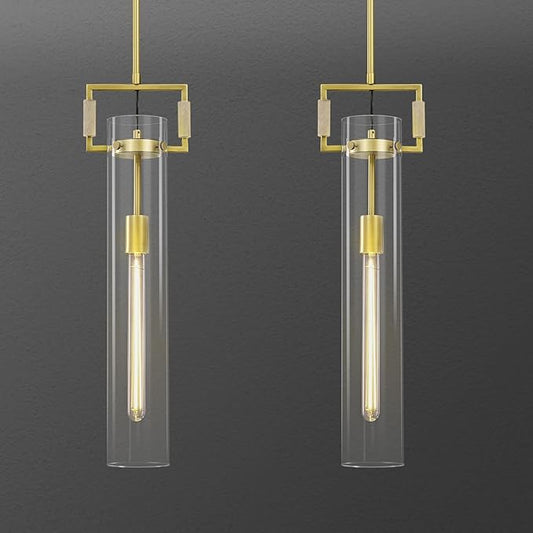 Brass Pendant Lights,Modern Glass Pendant Lights Kitchen Island 2 Pack,21.6'' Farmhouse Gold Kitchen Pendant Lighting Over Island for Dining Table,Bathroom,Bedroom