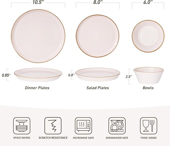 Famiware Saturn Dinnerware Sets, Plates and Bowls Sets for 4, 12 Pieces Stoneware Dish Set - Chip and Scratch Resistant, Microwave and Dishwasher Safe Tableware Set, Light Pink with Rim