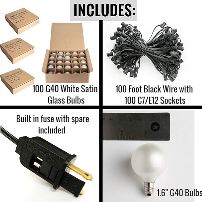 Hometown Evolution, Inc. 100 Foot Outdoor Globe Patio String Lights - Set of 100 G40 White Pearl 1.6 Inch Bulbs with Black Cord