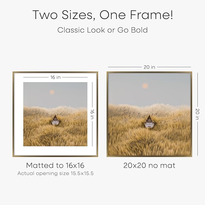 Homeforia 20x20 Picture Bronze Frames, High End Metal 20 x 20 Square Poster Frame with Mat 16 x 16 Photo, 20x20 Brass Frame Matted to 16x16 Print, 20by20 Thin Frames, Tempered Glass, Wall Kit, Set of 3