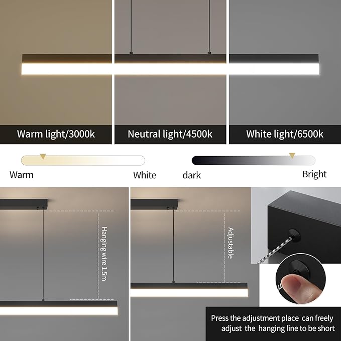 LED Linear Pendant Light, Dimmed Chandeliers for Dining Room with Remote Control, Modern Pool Table Island Lights Adjustable Ceiling Pendant Light for Kitchen, Living Room, Office, Black,31in