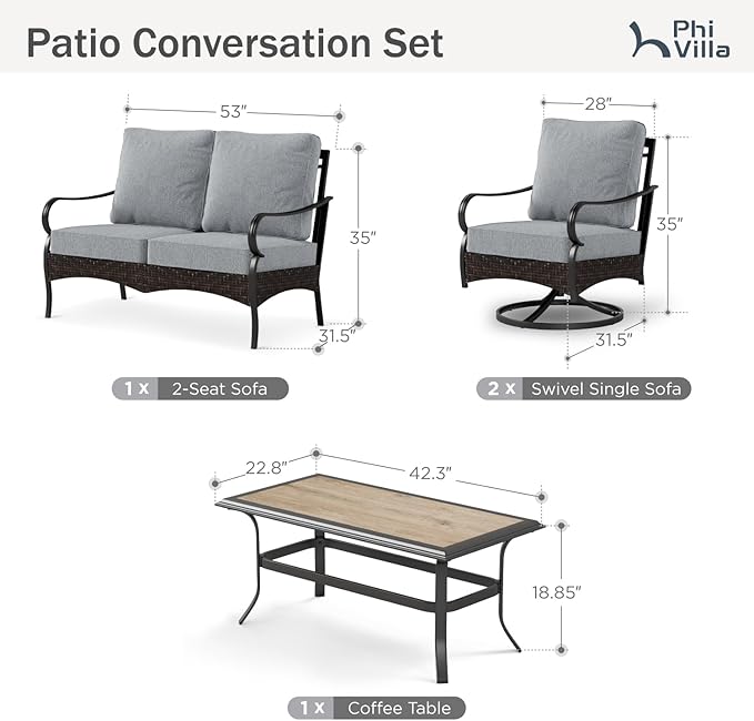 PHI VILLA Outdoor Porch Furniture Set, Upgraded Wicker&Metal Deep Seating Patio Furniture Conversation Set with Waterproof Thick Cushions for Balcony, Deck, and Yard (4 Pieces,Grey)