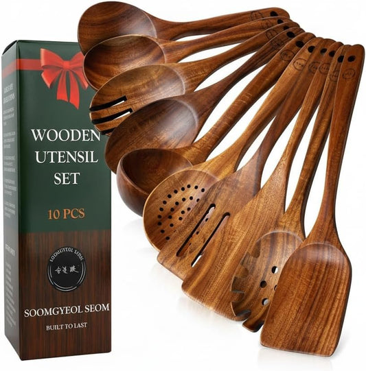 100% Natural Teak Wood Wooden Utensil Set – Non-Stick & Heat Resistant – 10 Pcs Durable Kitchen Spoons for Cooking, Eco-Friendly & Comfortable Grip