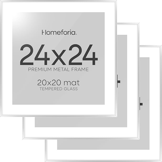 Homeforia 24x24 Silver Picture Frame, High End Metal 24 x 24 Large Square Silver Frames with Mat 20 by 20 inch Photo, 24by24 Thin Poster Frame Matted to 20x20 Print, Tempered Glass, Wall Kit, Set of 3