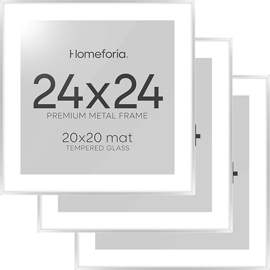 Homeforia 24x24 Silver Picture Frame, High End Metal 24 x 24 Large Square Silver Frames with Mat 20 by 20 inch Photo, 24by24 Thin Poster Frame Matted to 20x20 Print, Tempered Glass, Wall Kit, Set of 3